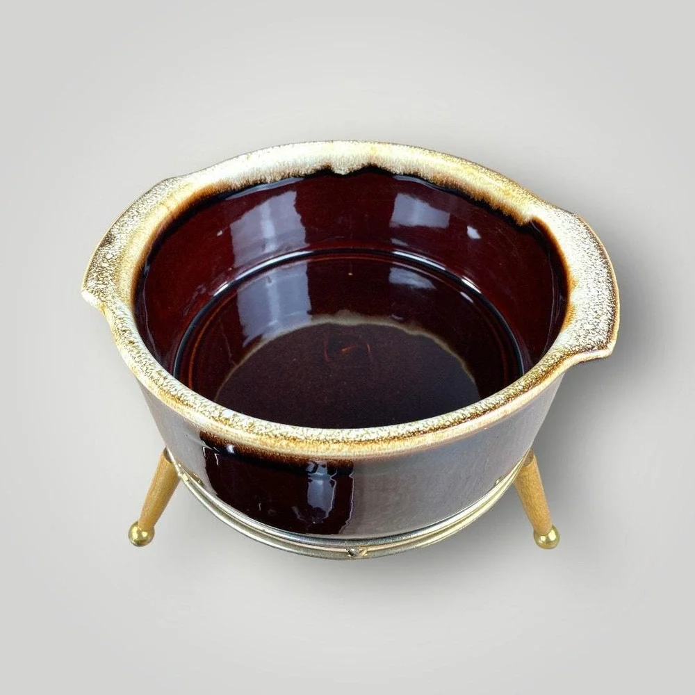 Brown Drip Glaze Fondue Pot Set 6 Forks Mid Century Stoneware‎ Vintage 1960s